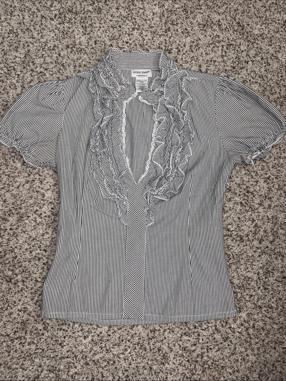 GUESS Black and White Pinstripe Ruffle Front Short Sleeve Blouse